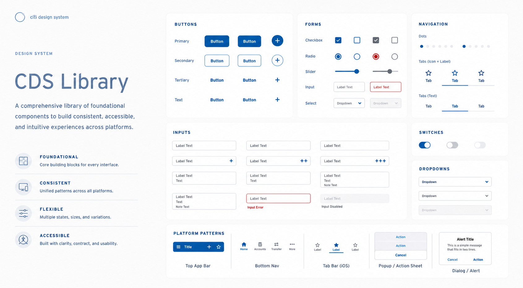 CDS Library, the Citi Design System component board: buttons, forms, navigation, inputs, switches, dropdowns, and platform patterns