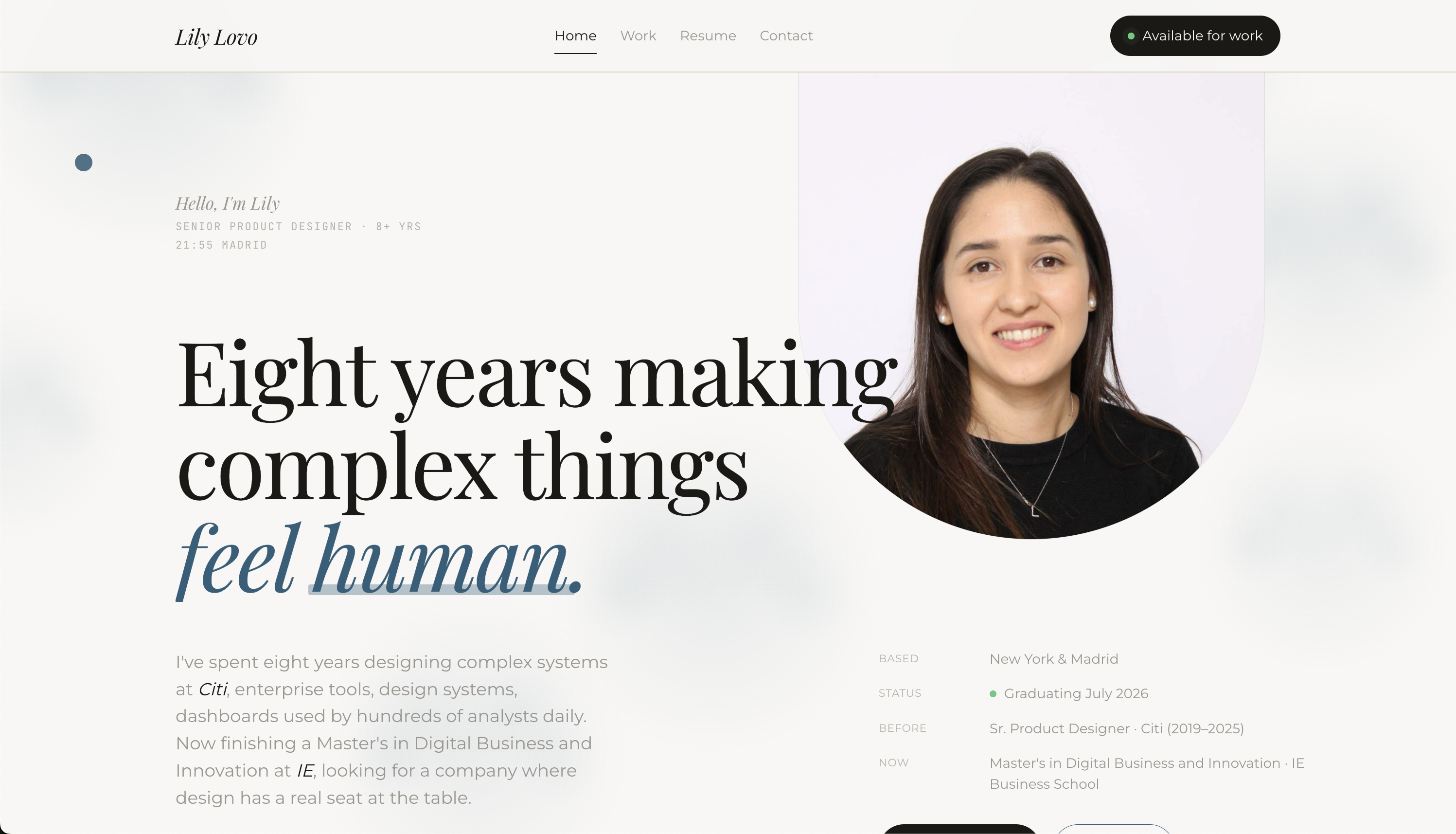 The final shipped portfolio homepage, editorial slate design
