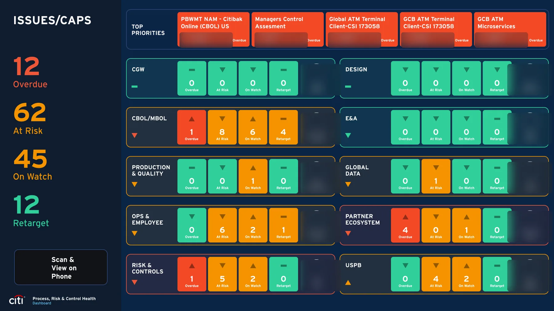PRC Health dashboard, Issues and CAPs view